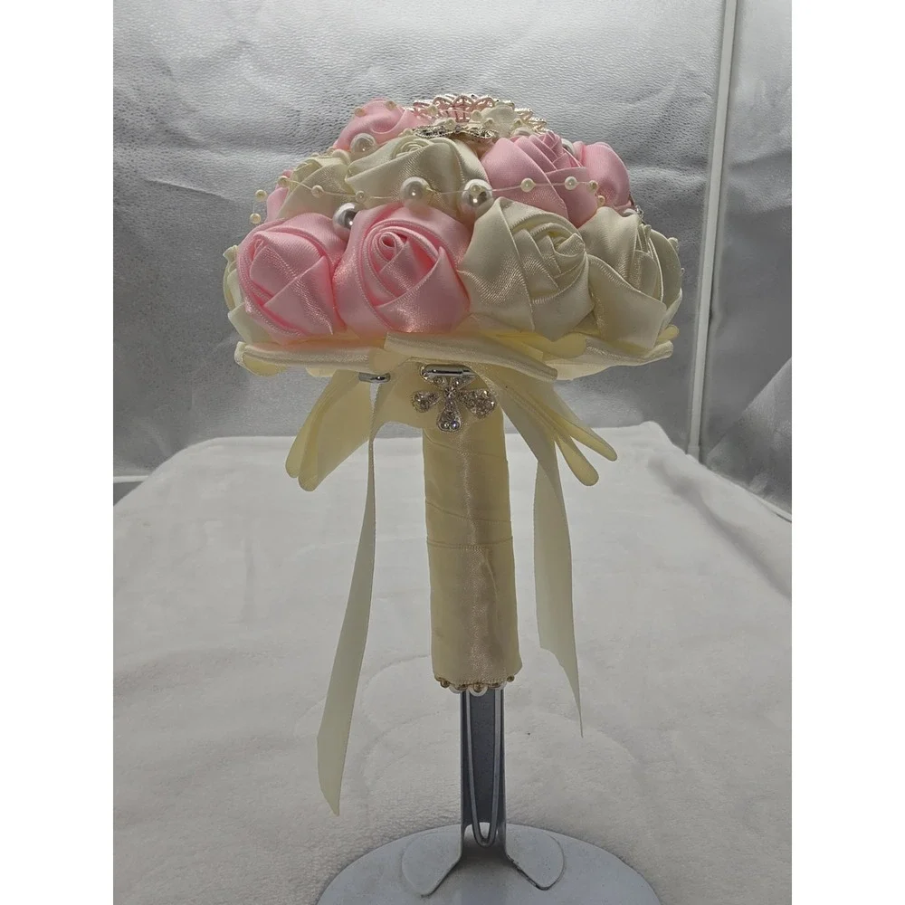 Pink & White Rose Flower Rhinestone Pearl  Wedding Bridal Bouquet‎